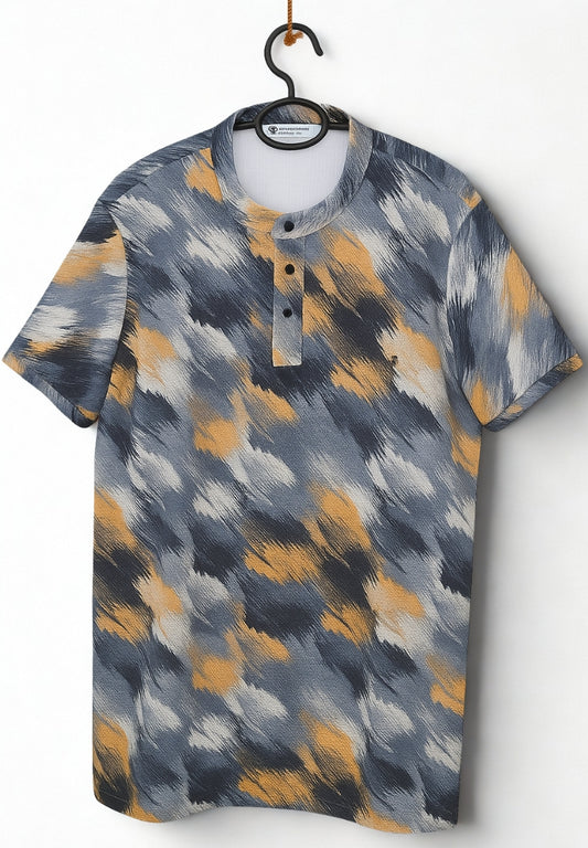 Men’s Multi-Color Abstract Print Waffle Knit T-Shirt with Mandarin Collar