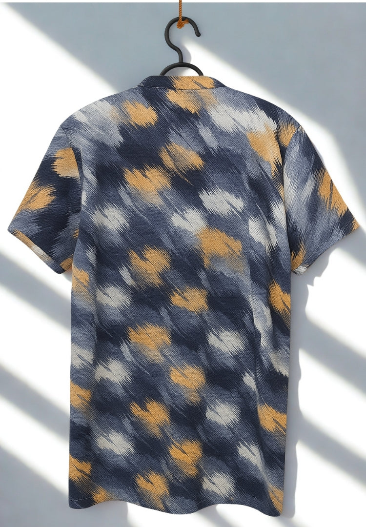 Men’s Multi-Color Abstract Print Waffle Knit T-Shirt with Mandarin Collar