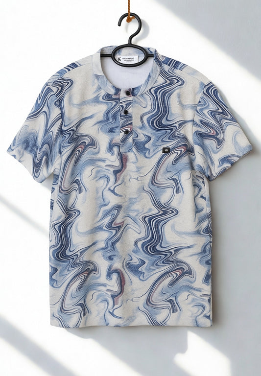 Men’s Premium Waffle Knit T-Shirt – Blue & White Abstract Pattern