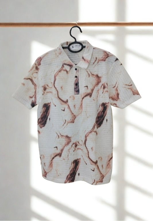 Men’s Zig-Zag Knit Marble Print Polo T-Shirt – Beige & Brown