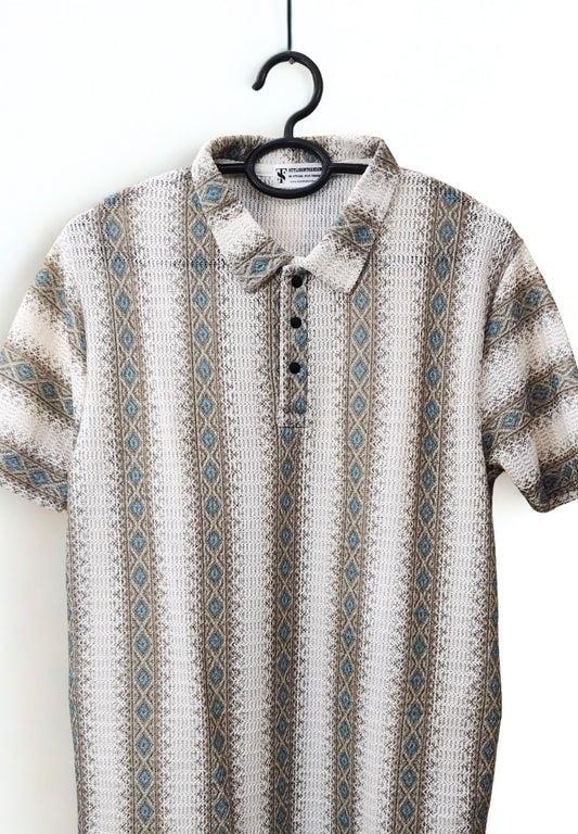 Men’s Zig-Zag Knit Polo T-Shirt – Geometric Stripe Pattern