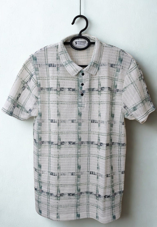 Men’s Zig-Zag Knit Polo T-Shirt – Green Striped Textured Knit