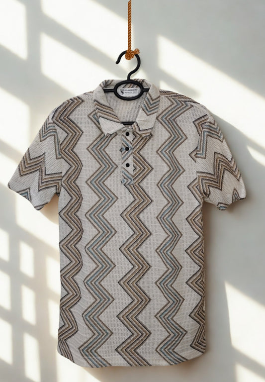 Men’s Brown & Grey Multi-Color Zig Zag Knit Polo T-Shirt