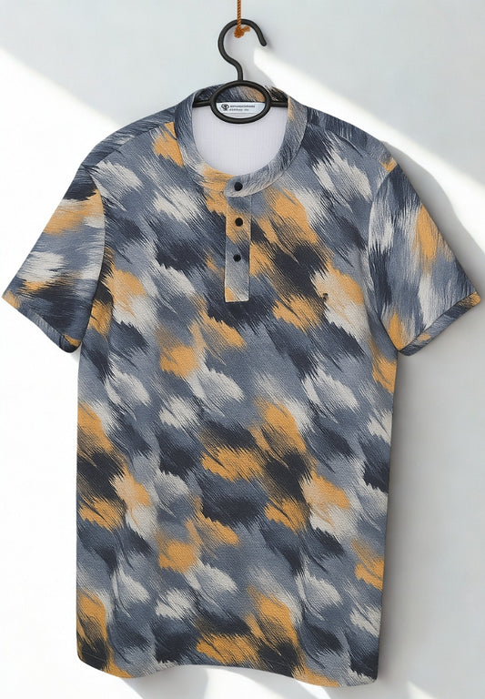 Men’s Multi-Color Abstract Print Waffle Knit T-Shirt with Mandarin Collar