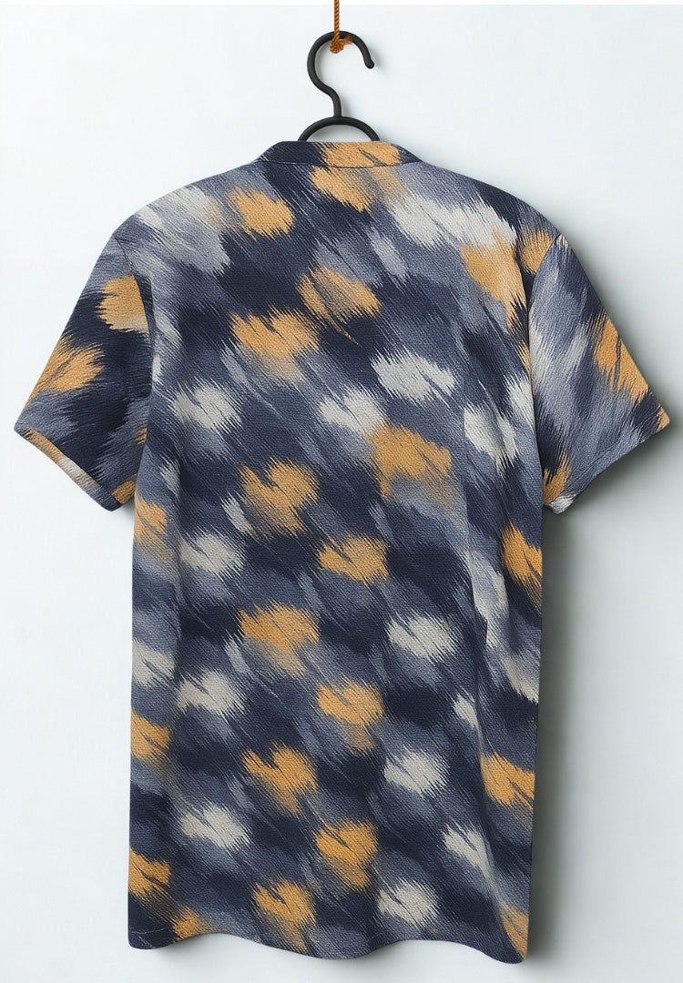 Men’s Multi-Color Abstract Print Waffle Knit T-Shirt with Mandarin Collar