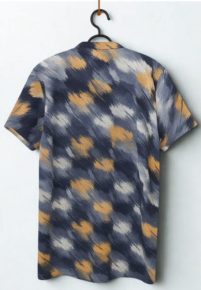 Men’s Multi-Color Abstract Print Waffle Knit T-Shirt with Mandarin Collar