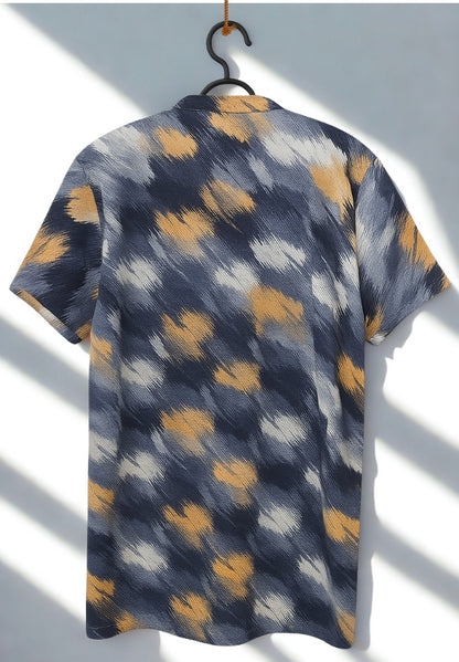 Men’s Multi-Color Abstract Print Waffle Knit T-Shirt with Mandarin Collar