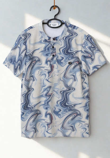 Men’s Premium Waffle Knit T-Shirt – Blue & White Abstract Pattern