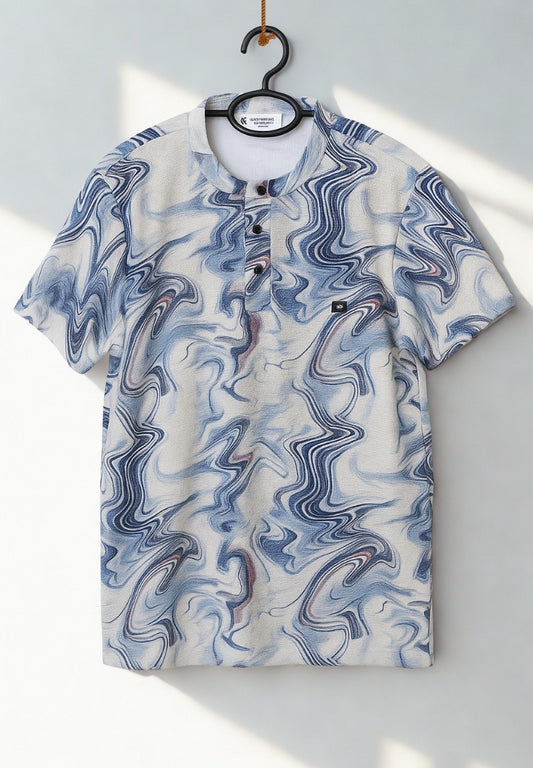 Men’s Premium Waffle Knit T-Shirt – Blue & White Abstract Pattern