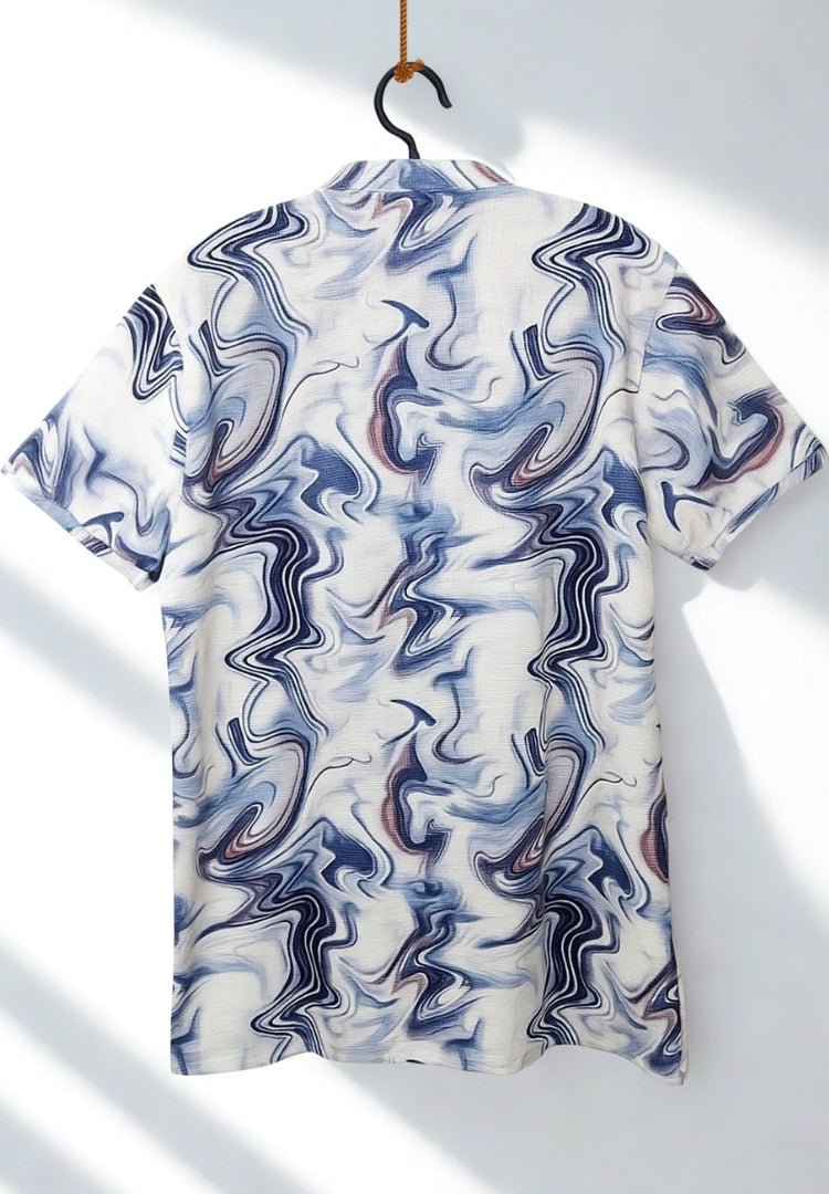 Men’s Premium Waffle Knit T-Shirt – Blue & White Abstract Pattern