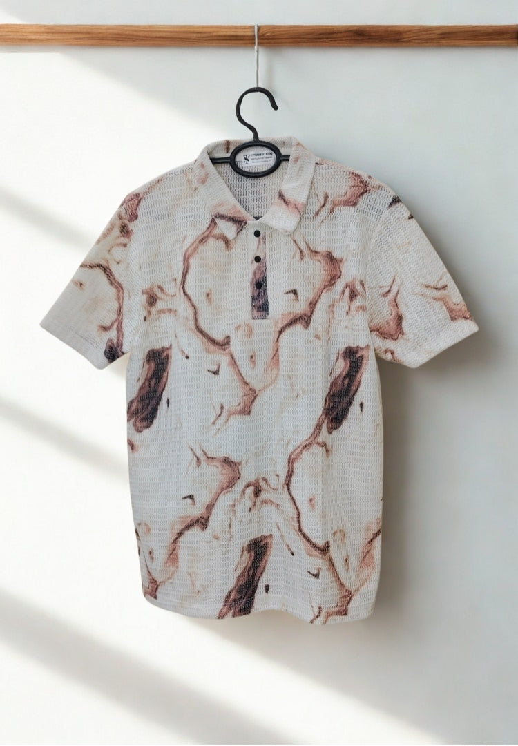 Men’s Zig-Zag Knit Marble Print Polo T-Shirt – Beige & Brown