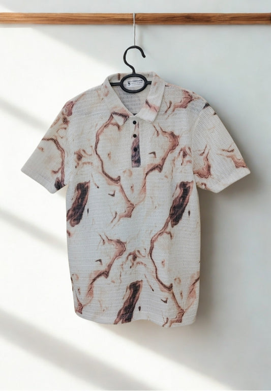 Men’s Zig-Zag Knit Marble Print Polo T-Shirt – Beige & Brown