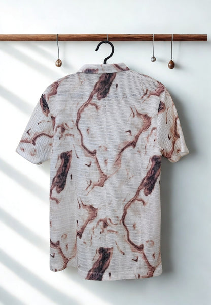 Men’s Zig-Zag Knit Marble Print Polo T-Shirt – Beige & Brown