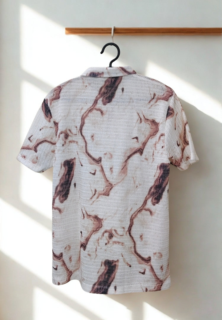 Men’s Zig-Zag Knit Marble Print Polo T-Shirt – Beige & Brown