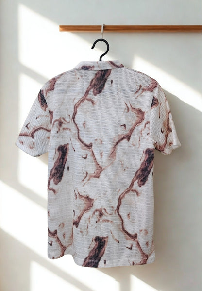 Men’s Zig-Zag Knit Marble Print Polo T-Shirt – Beige & Brown