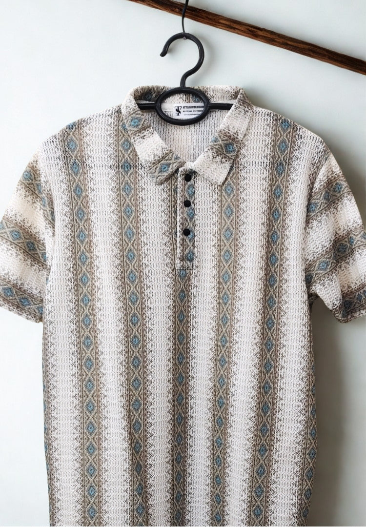 Men’s Zig-Zag Knit Polo T-Shirt – Geometric Stripe Pattern