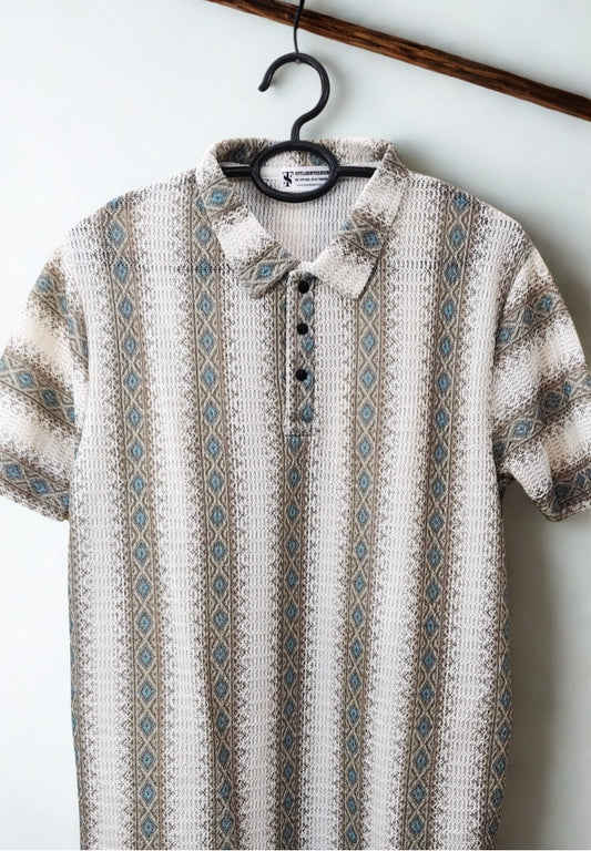 Men’s Zig-Zag Knit Polo T-Shirt – Geometric Stripe Pattern