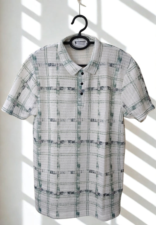 Men’s Zig-Zag Knit Polo T-Shirt – Green Striped Textured Knit