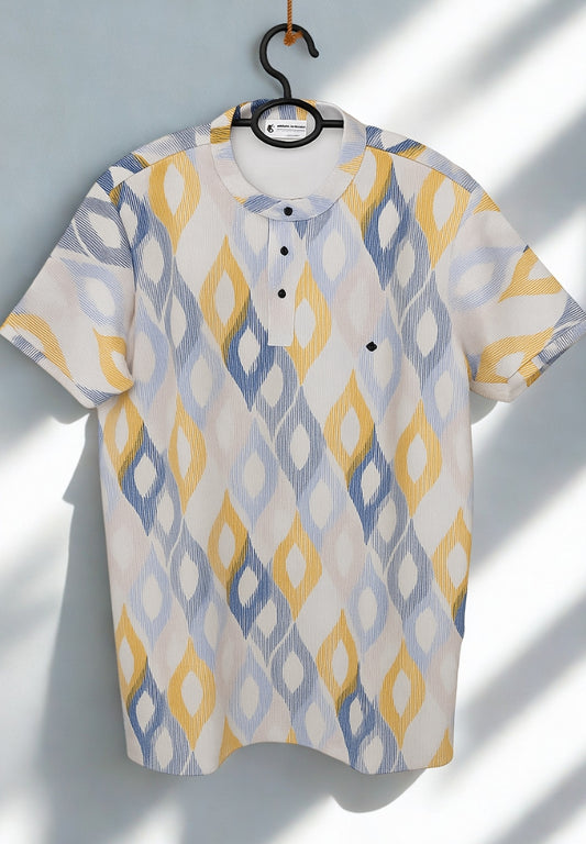 Men’s Premium Waffle Knit Printed T-Shirt – Multi Color Geometric Pattern