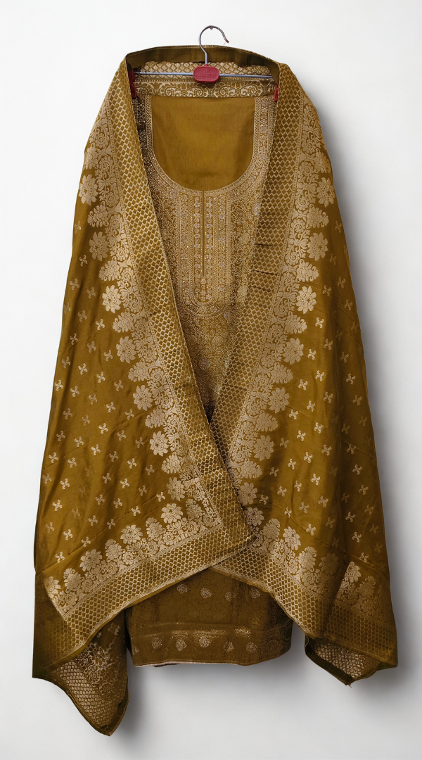 Brown-Grey Luxurious Brocade Silk Ladies Suit Fabric – Unstitched