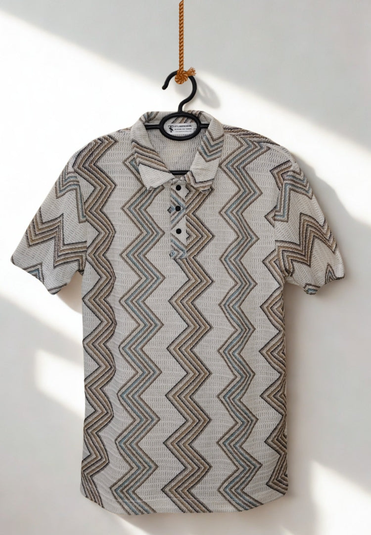 Men’s Brown & Grey Multi-Color Zig Zag Knit Polo T-Shirt