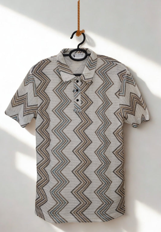 Men’s Brown & Grey Multi-Color Zig Zag Knit Polo T-Shirt
