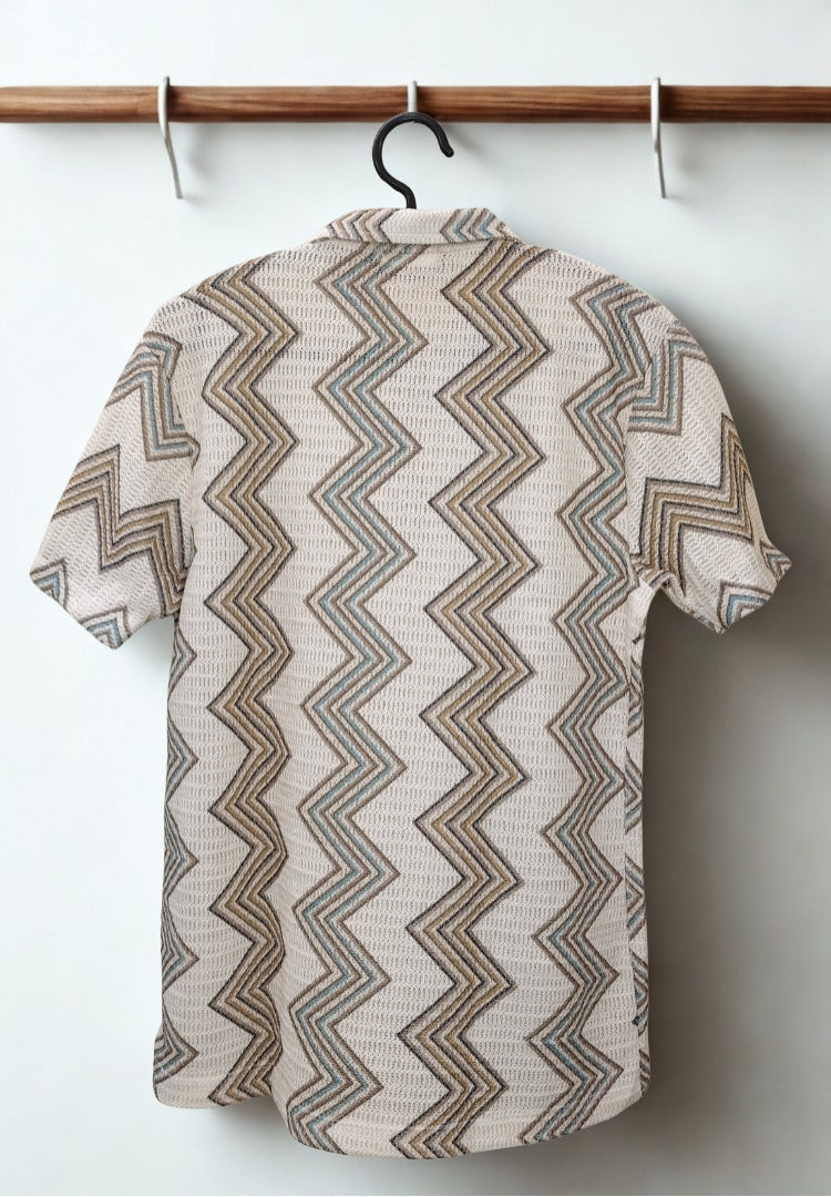 Men’s Brown & Grey Multi-Color Zig Zag Knit Polo T-Shirt