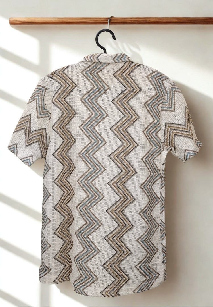 Men’s Brown & Grey Multi-Color Zig Zag Knit Polo T-Shirt